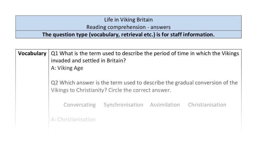 Reading comprehension-VRSIPE-Life in Viking Britain - answers