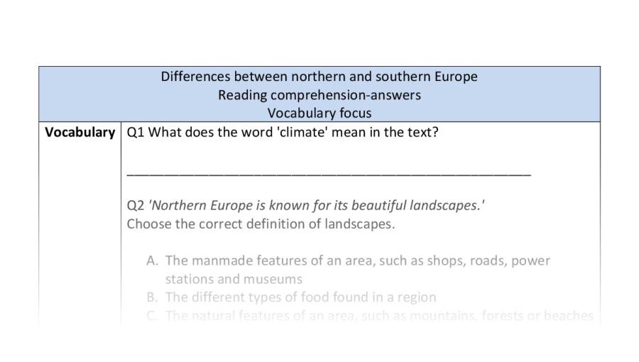 Reading comp-vocab-differences Northern Southern Europe