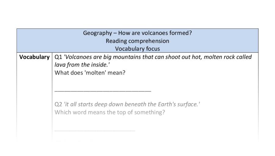 Reading comprehension - vocabulary - how volcanoes form