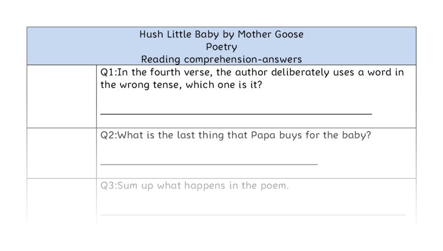 Comprehension-VRSIPE-Hush little baby by Mother Goose