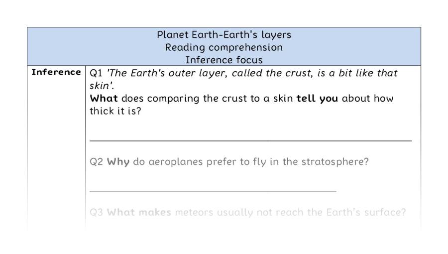 Reading comprehension - inference - Planet Earth-Earths layers