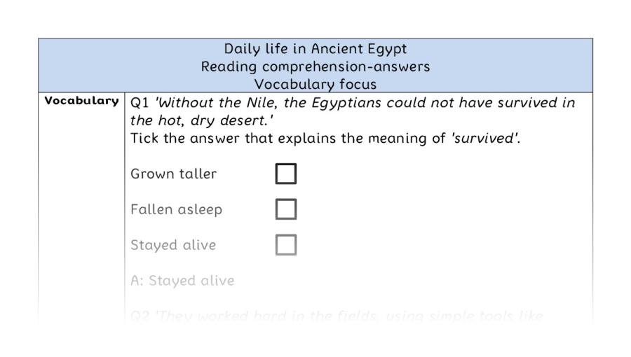 Reading comprehension - vocabulary - Daily life in Ancient Egypt - answers