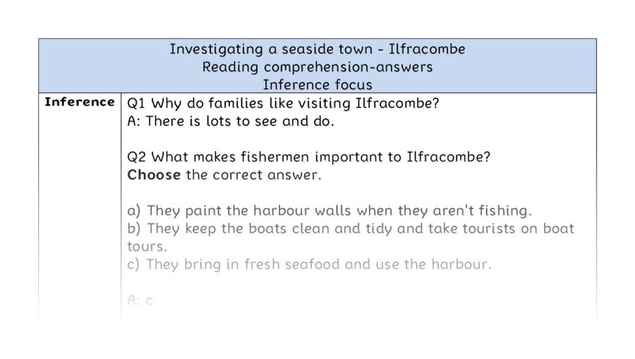 Reading comprehension - inference - seaside towns - Ilfracombe - answers