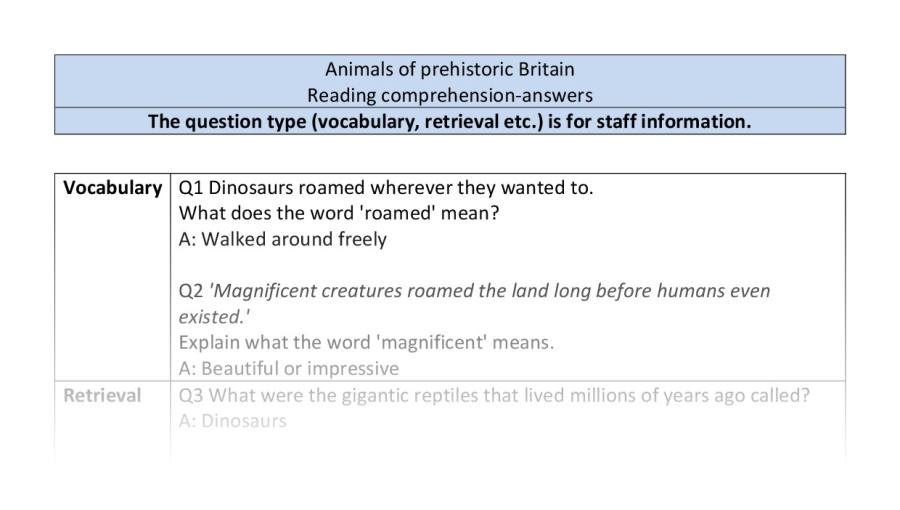 Reading comp-VRSIPE-Animals of prehistoric Britain - answers