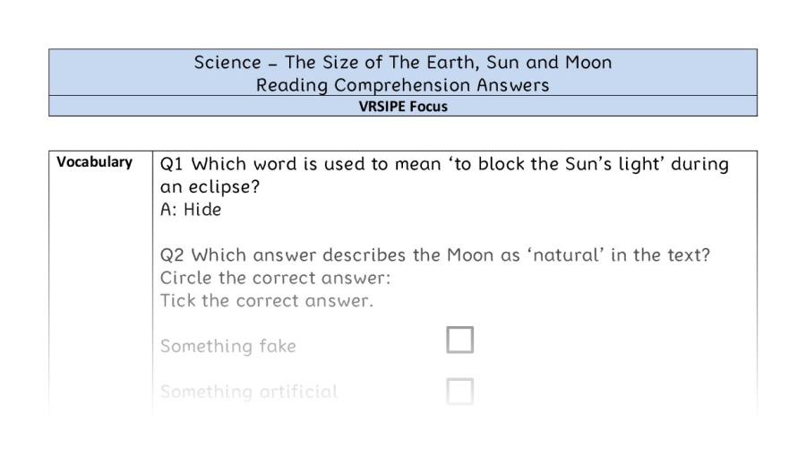 The Size of The Earth, Sun and Moon - Reading Comprehension Answers - VRSIPE Focus