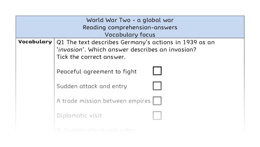 Reading comprehension - vocabulary - World War Two - a global war - answers