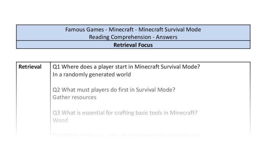 Reading Comprehension - Minecraft Survival Mode - Retrieval Focus