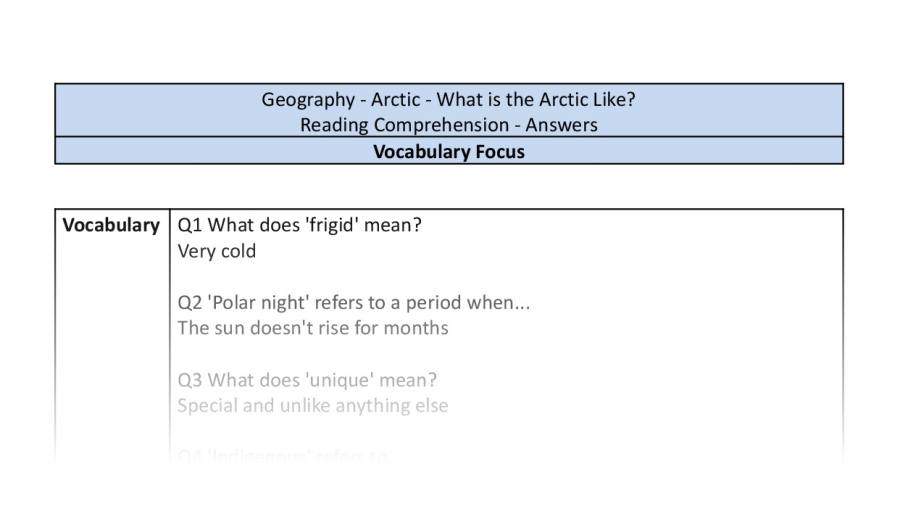 Reading Comprehension - What is the Arctic Like - Vocabulary Focus