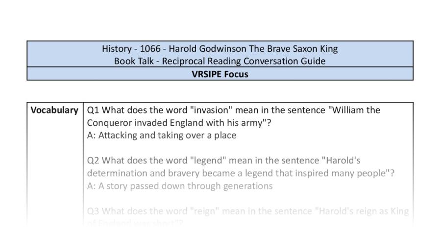 Reciprocal Reading Conversation - Harold Godwinson The Brave Saxon King - VRSIPE Focus