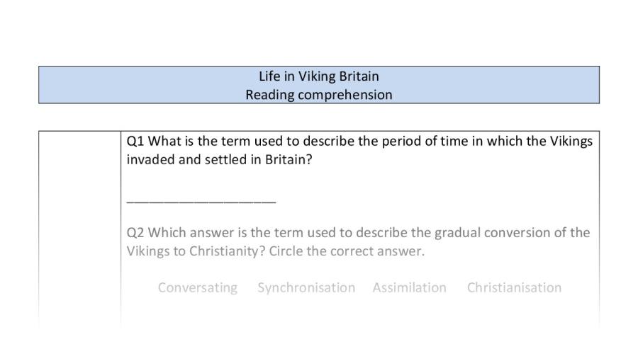 Reading comprehension-VRSIPE-Life in Viking Britain