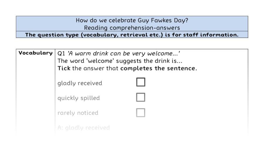 Reading comprehension - VRSIPE - How do we celebrate Guy Fawkes Day - answers