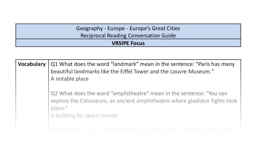 Reciprocal Reading Conversation - Europes Great Cities - VRSIPE Focus