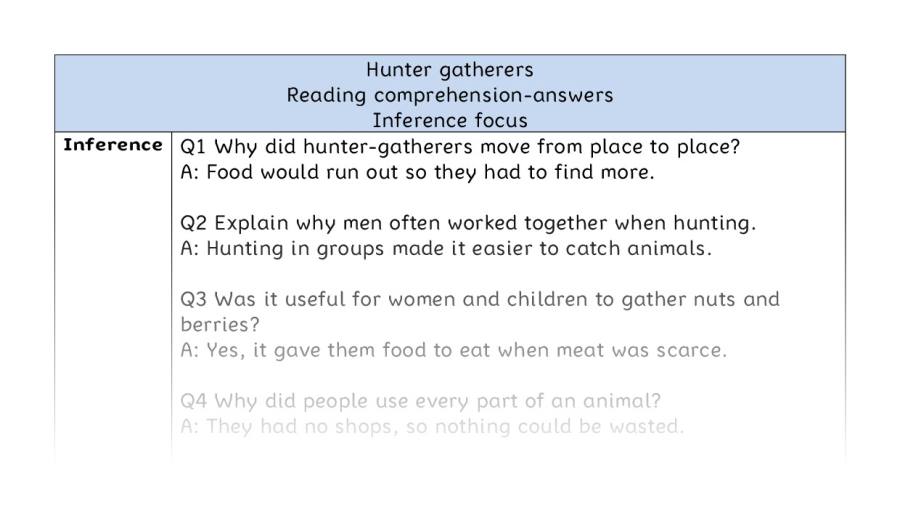 Reading comprehension - inference - hunter gatherers - answers