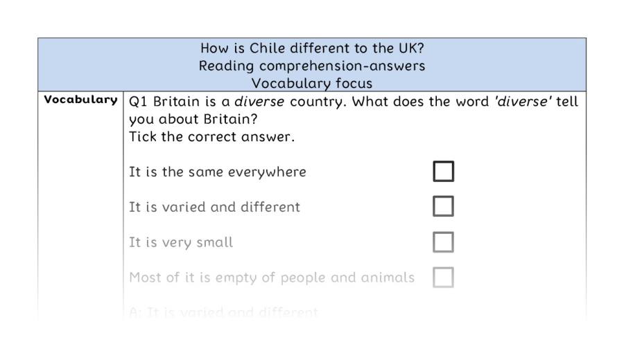 Reading comprehension - vocabulary - How is Chile different to the UK - answers