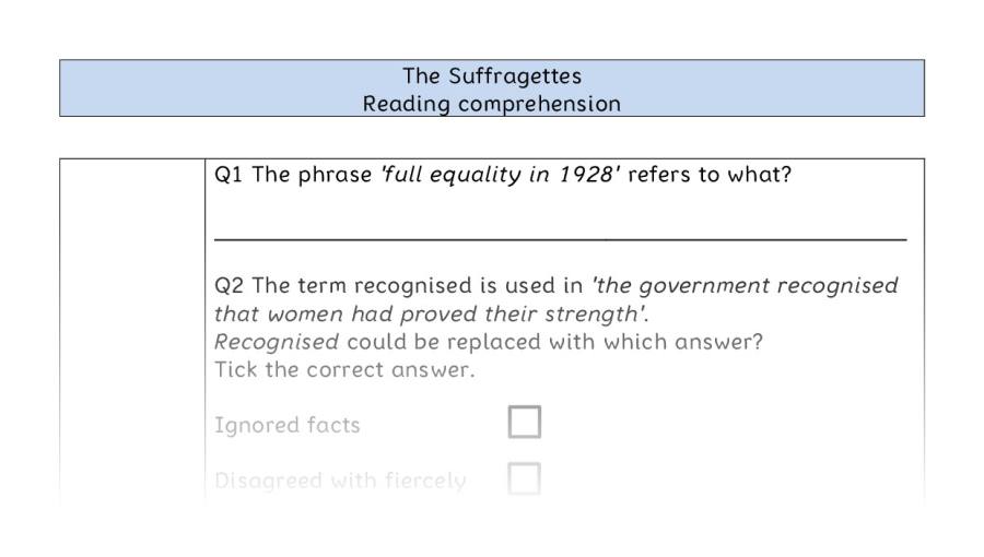 Reading comprehension - VRSIPE - The Suffragettes