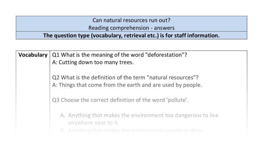 Reading comprehension - VRSIPE - Can natural resources run out - answers