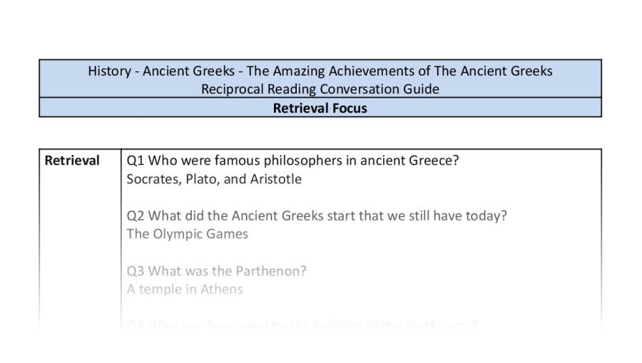 Reciprocal Reading Conversation - The Amazing Achievements of The Ancient Greeks - Retrieval Focus