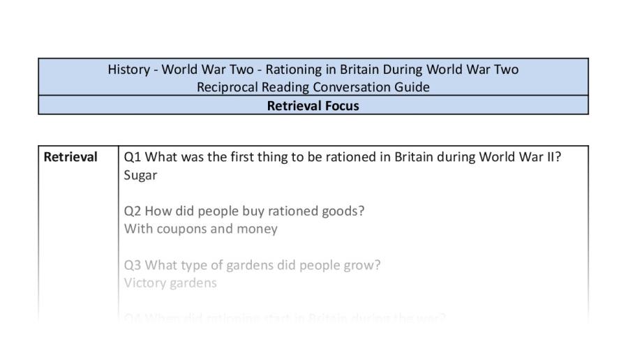 Reciprocal Reading Conversation - Rationing in Britain During World War Two - Retrieval Focus