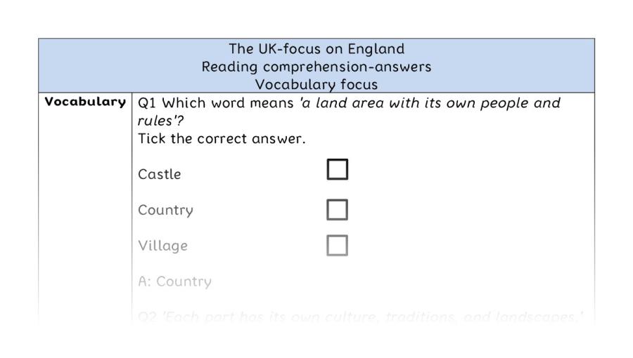 Reading comprehension - vocabulary - The UK-focus on England - answers