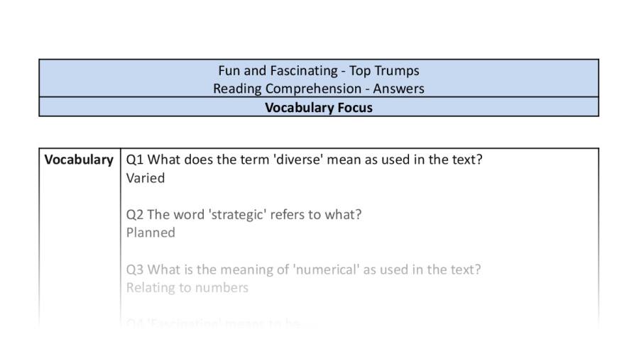 Reading comprehension - Top Trumps - vocabulary focus-answers