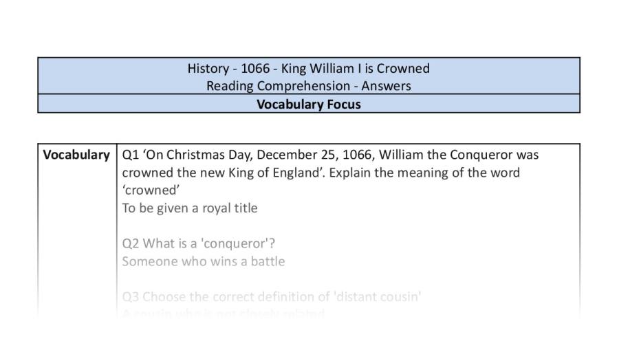 Reading Comprehension - King William I is Crowned - Vocabulary Focus