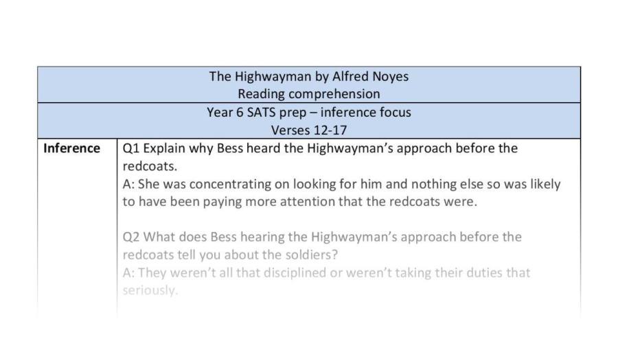 Inference skills focus reading comprehension - The Highwayman-verses 12 to 17