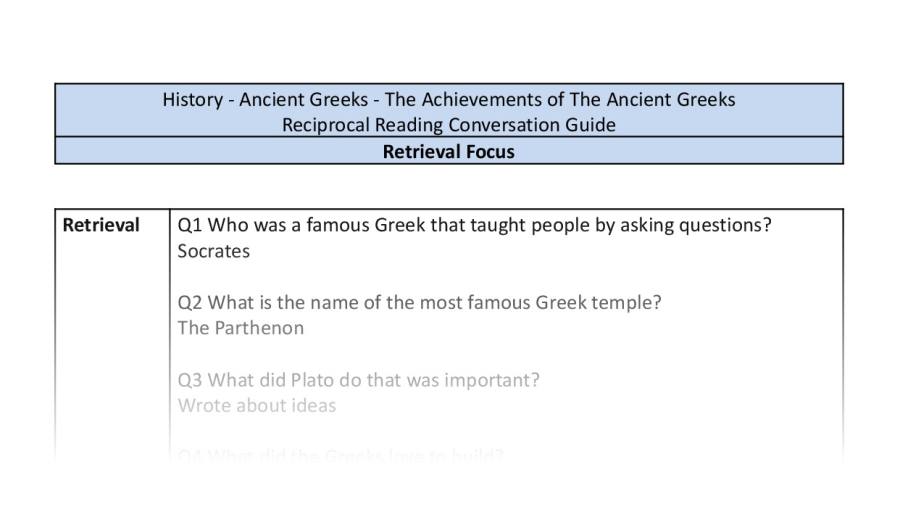 Reciprocal Reading Conversation - The Achievements of The Ancient Greeks - Retrieval Focus