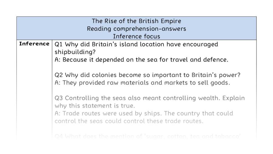 Reading comprehension - inference - The Rise of the British Empire - answers