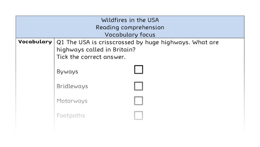Reading comprehension - vocabulary - Wildfires in the USA