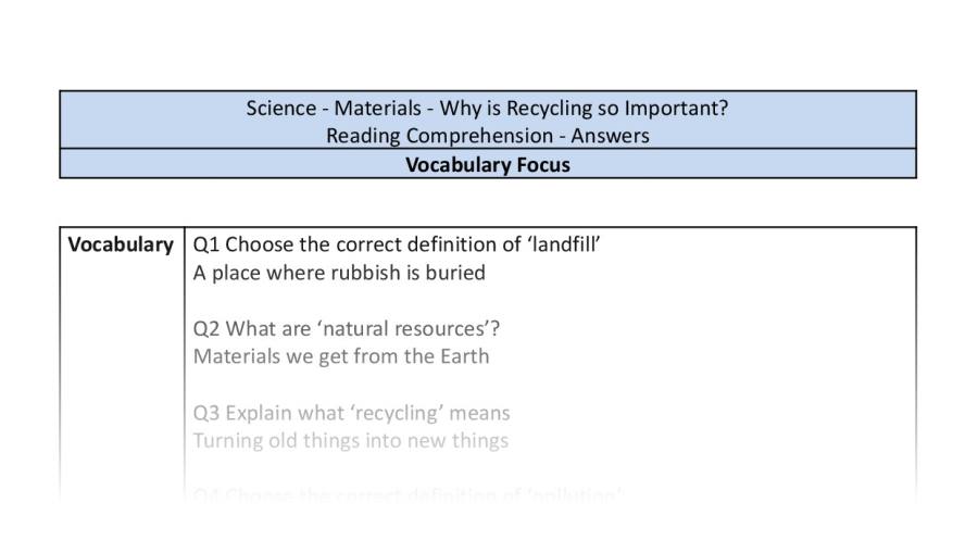 Reading Comprehension - Why is Recycling so Important - Vocabulary Focus.