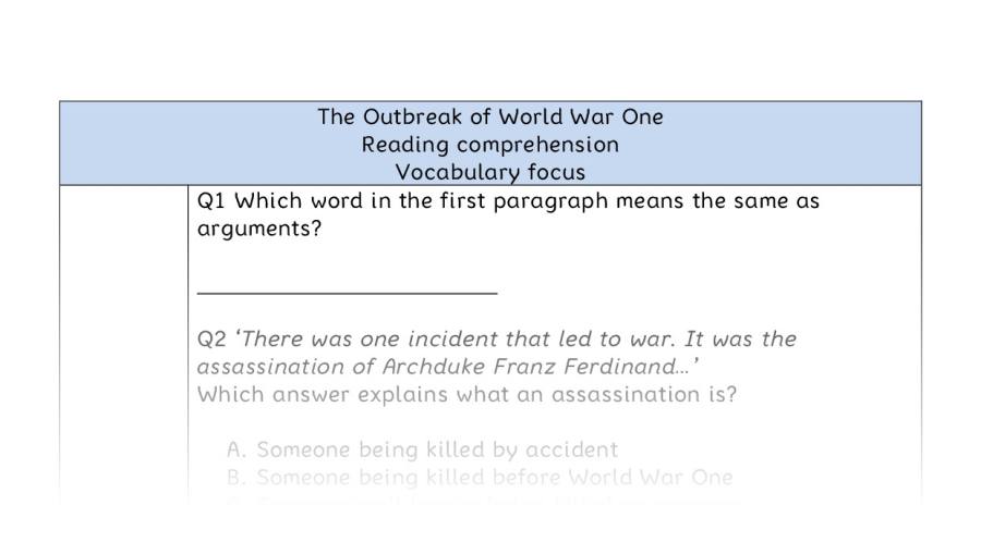 Reading comprehension - vocabulary - The Outbreak of World War One