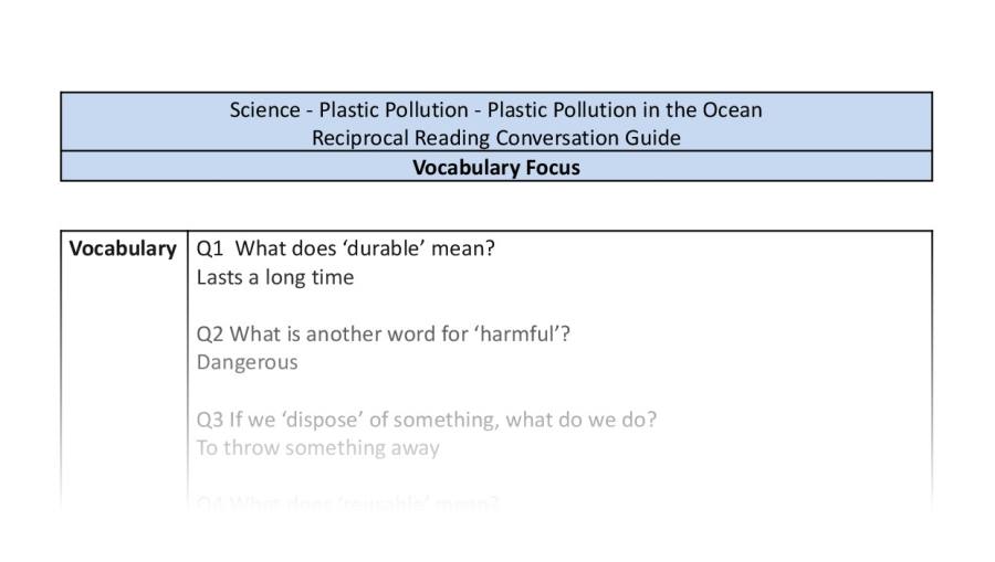 Reciprocal Reading Conversation - Plastic Pollution in the Ocean - Vocabulary Focus