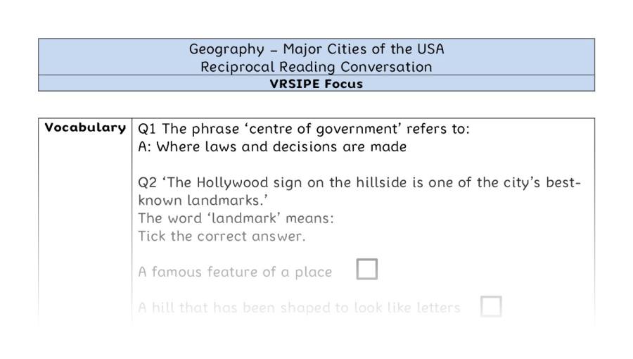Major Cities of the USA - Reciprocal Reading Conversation - VRSIPE Focus