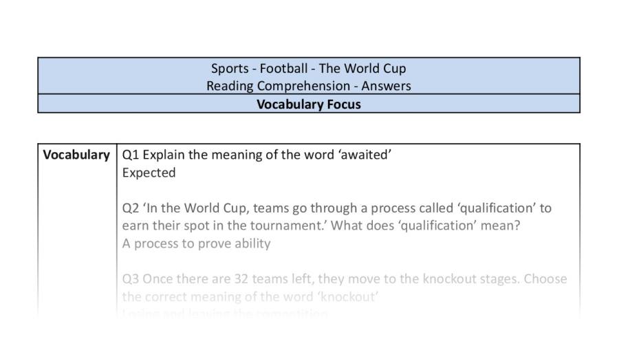 Reading Comprehension - The World Cup - Vocabulary Focus-answers