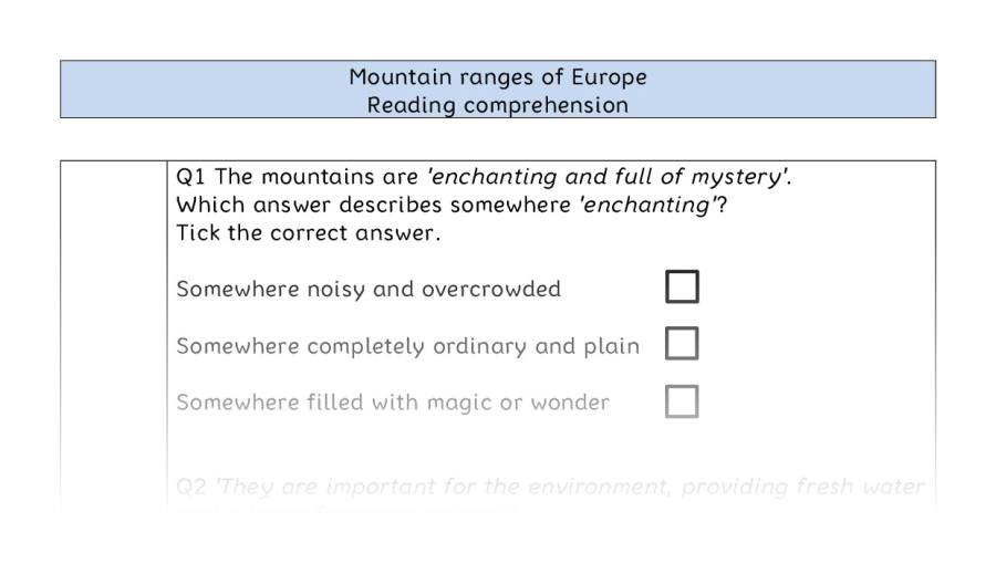Reading comprehension - VRSIPE - Mountain ranges of Europe