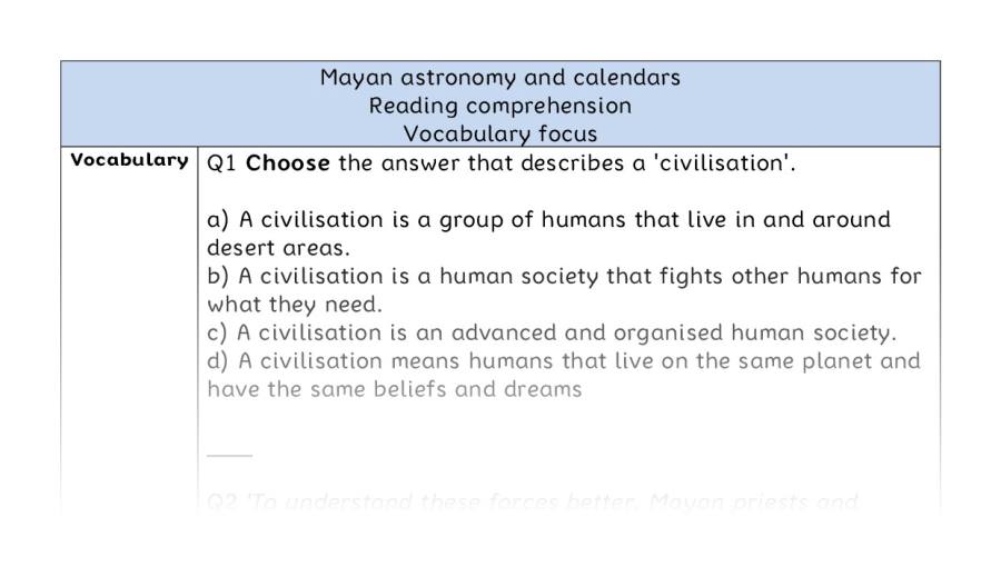 Reading comprehension - vocabulary - Mayan astronomy and calendars