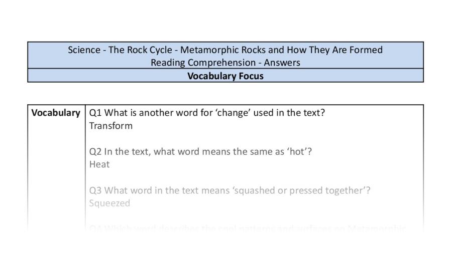 Reading Comprehension - Metamorphic Rocks and How They Are Formed - Vocabulary Focus