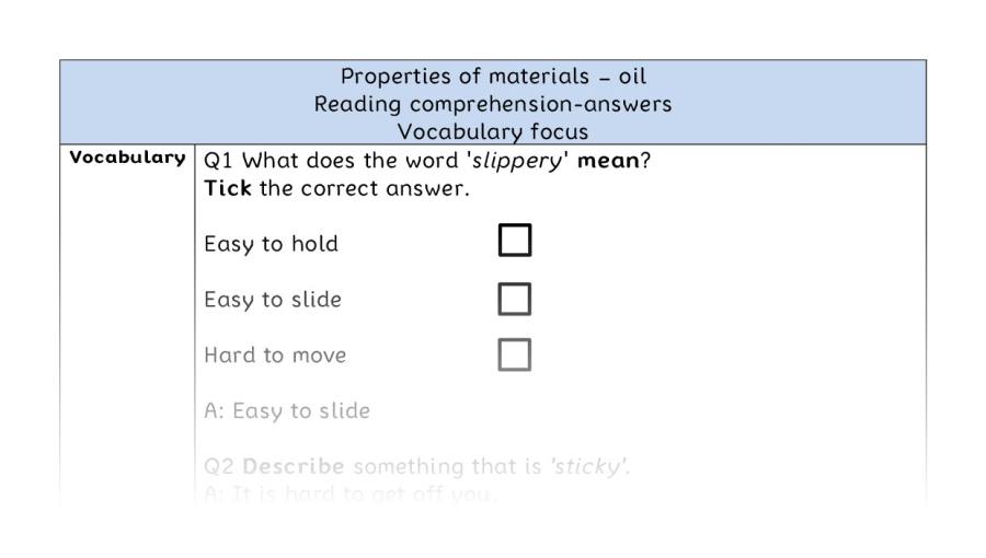 Reading comprehension - vocabulary - Properties of materials - oil - answers