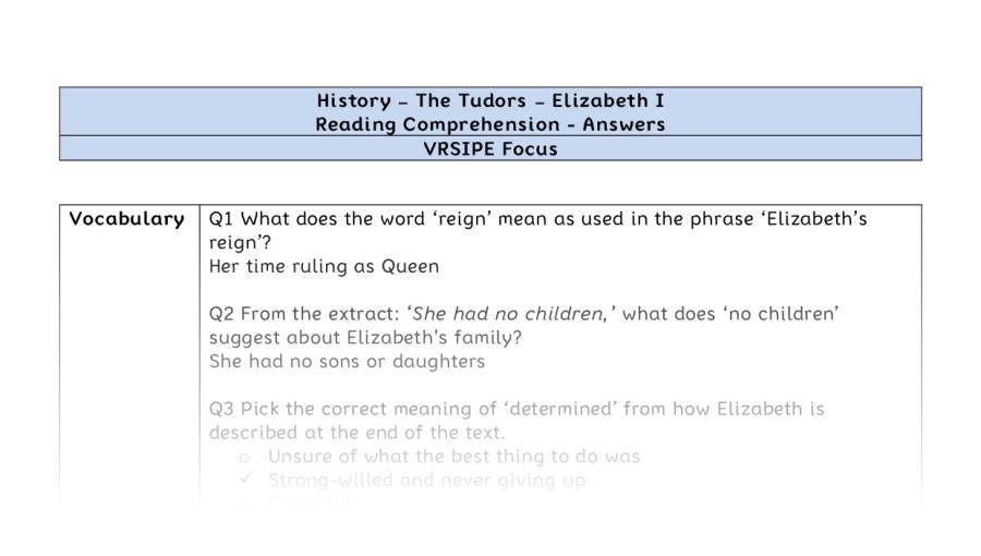 Reading comprehension - Elizabeth I - VRSIPE-answers