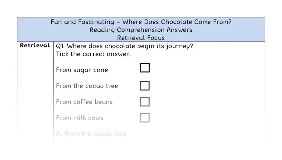 Where Does Chocolate Come From - Reading Comprehension Answers - Retrieval Focus