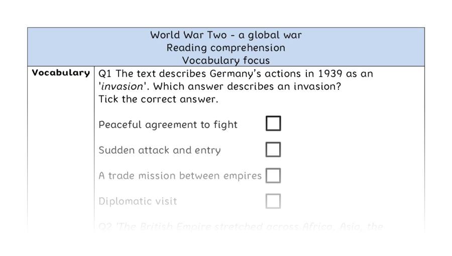 Reading comprehension - vocabulary - World War Two - a global war