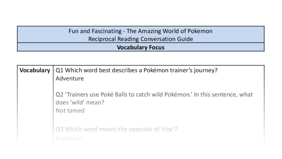 Reciprocal Reading Conversation - The Amazing World of Pokemon - Vocabulary Focus