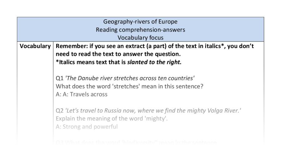 Reading comp-vocabulary-rivers of Europe - answers