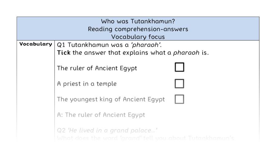 Reading comprehension - vocabulary - Who was Tutankhamun - answers