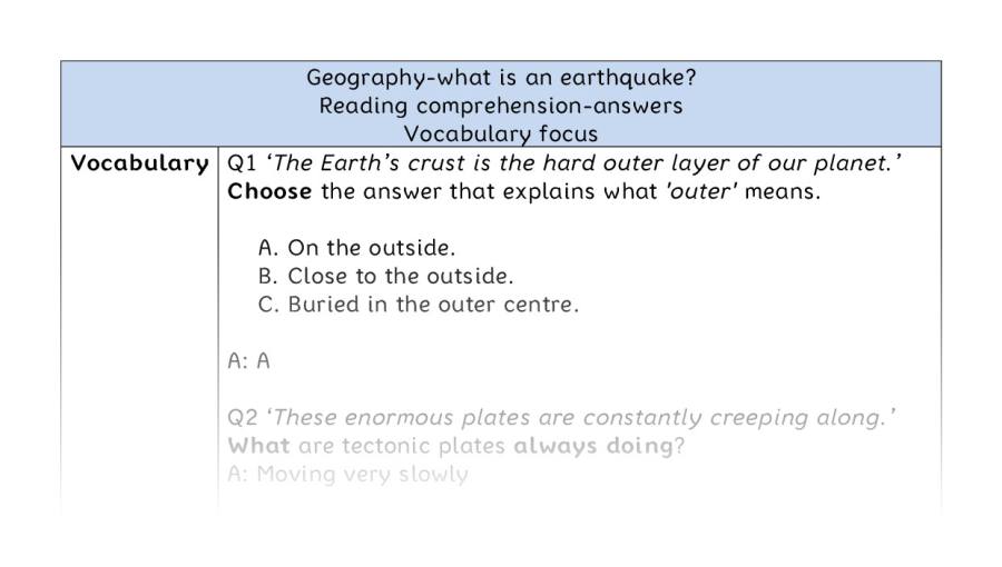 Reading comp-vocabulary-what is an earthquake - answers