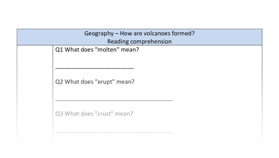 Reading comprehension - VRSIPE - how volcanoes form