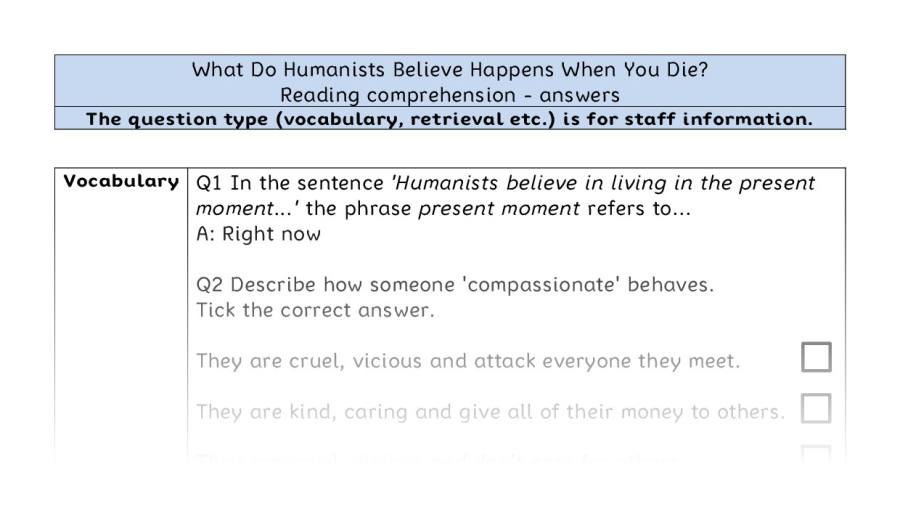 Reading comp - VRSIPE - What Do Humanists Believe Happens When You Die - answers