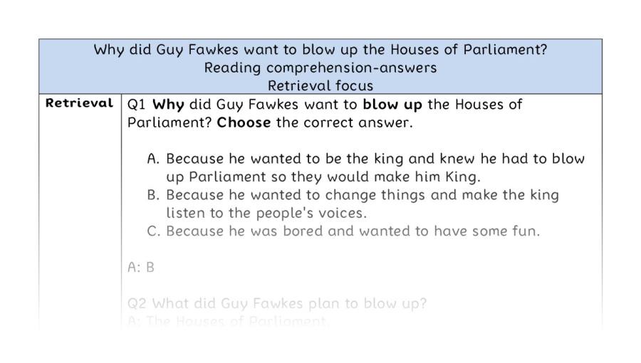 Reading comprehension - retrieval - why Guy Fawkes wanted to blow up Parliament - answers