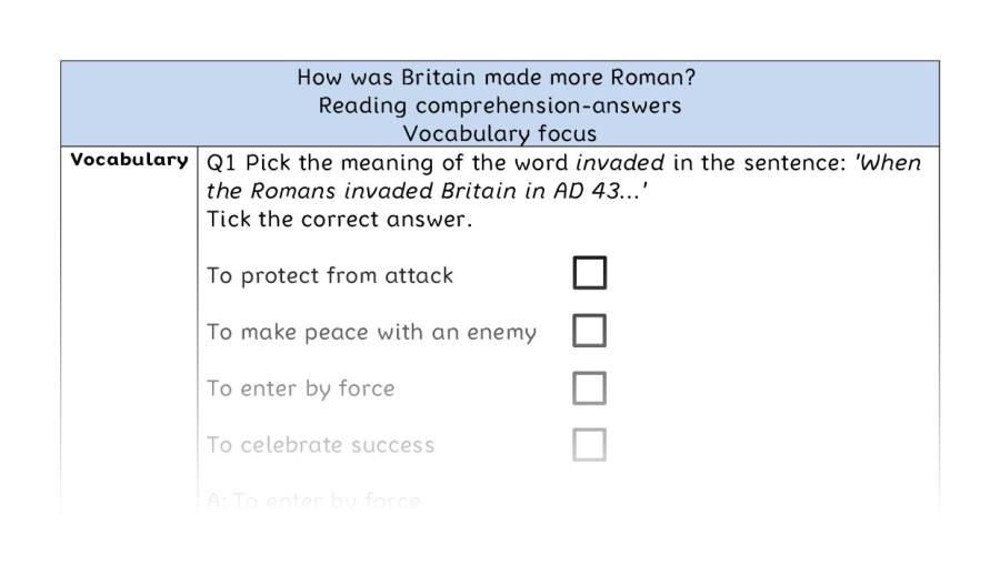 Reading comprehension - vocab - How was Britain made more Roman - answers