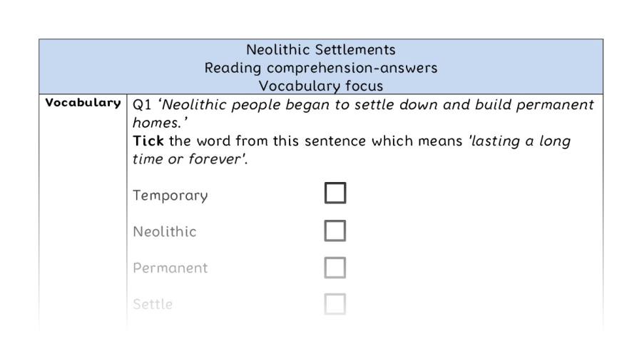 Reading comprehension - vocabulary - Neolithic Settlements - answers